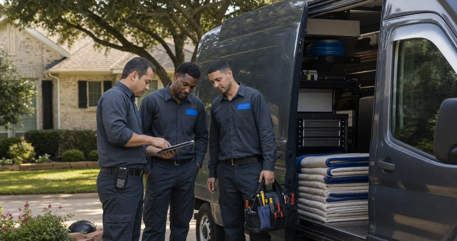 HVAC service team reviewing the day beside an organized service van