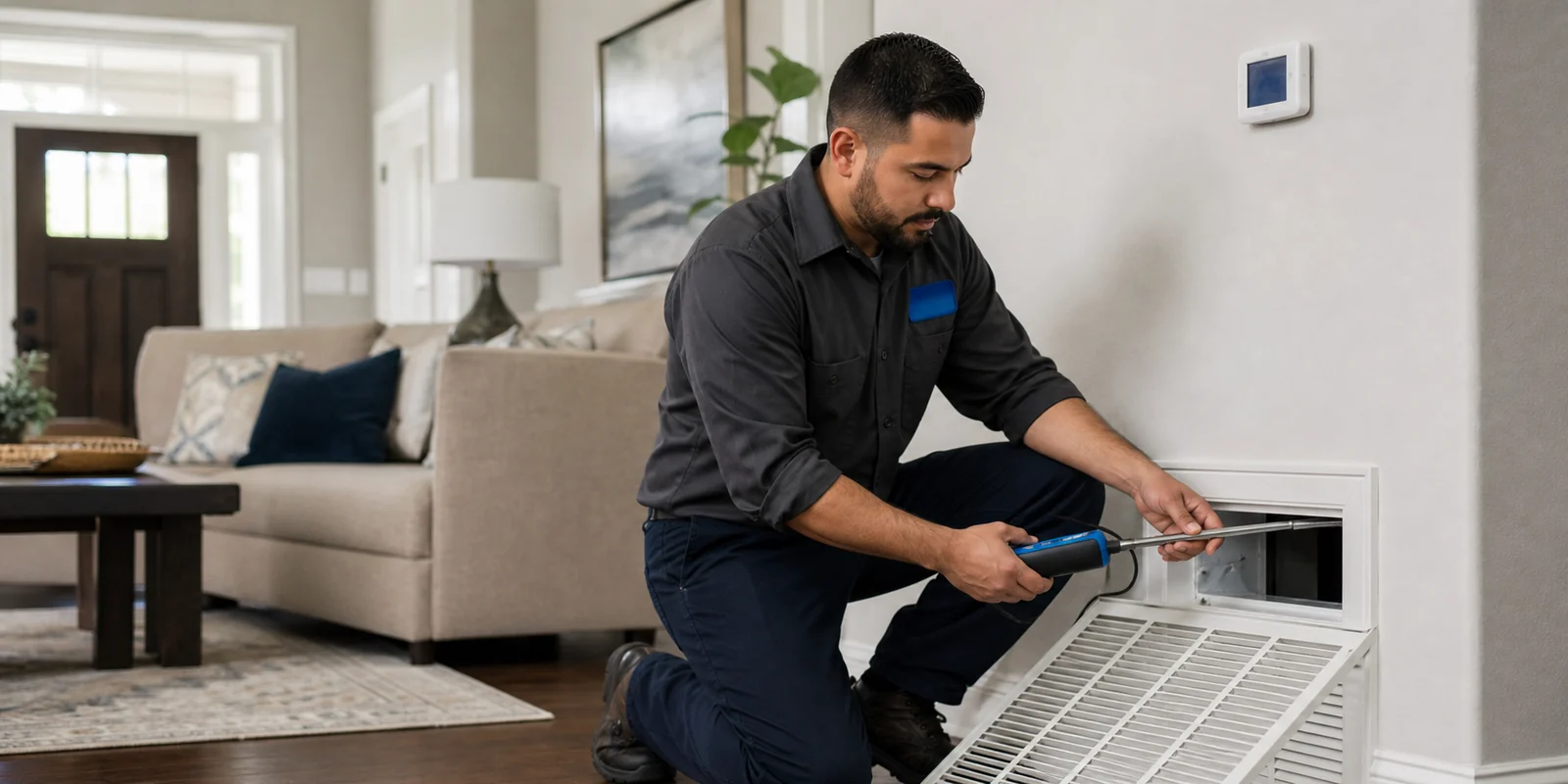HVAC technician checking airflow inside a comfortable home