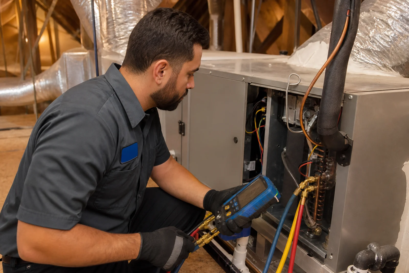 Technician testing a residential HVAC system