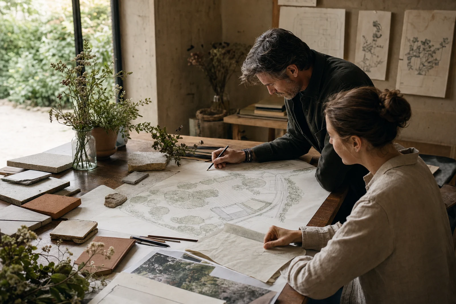Landscape designers reviewing a plan and natural material samples
