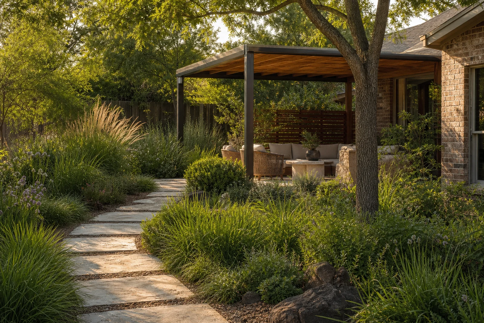 Layered residential garden leading to a shaded outdoor room