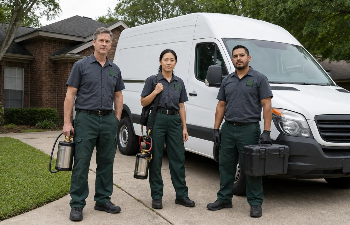 Daniel Reed, Maya Chen, and Luis Alvarez beside the Trace service van
