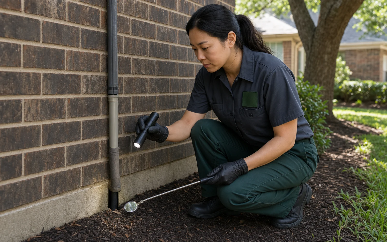 Trace technician Maya Chen inspecting a utility-line gap in a Houston brick home