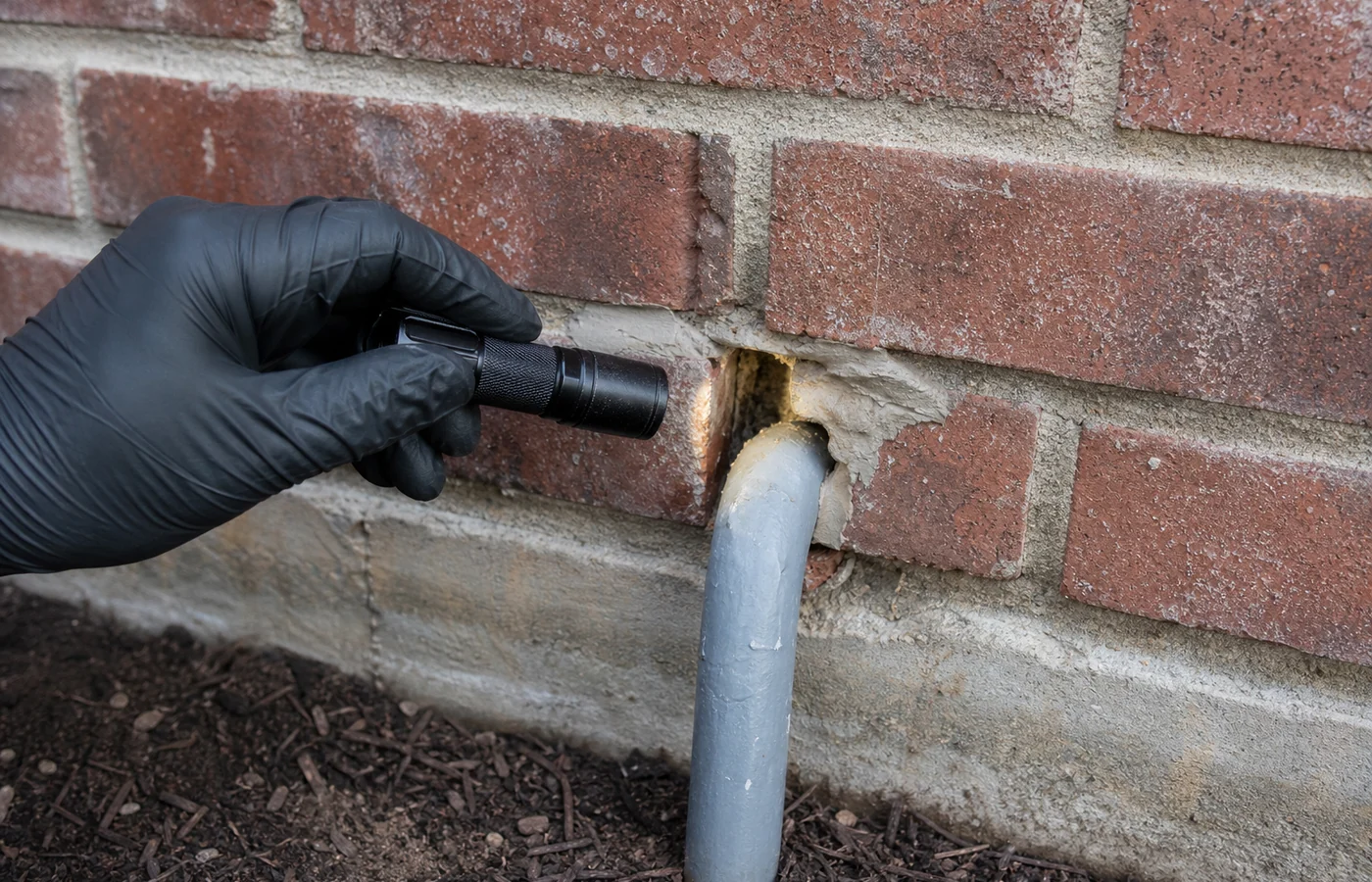 Gloved technician inspecting an open utility penetration in brick