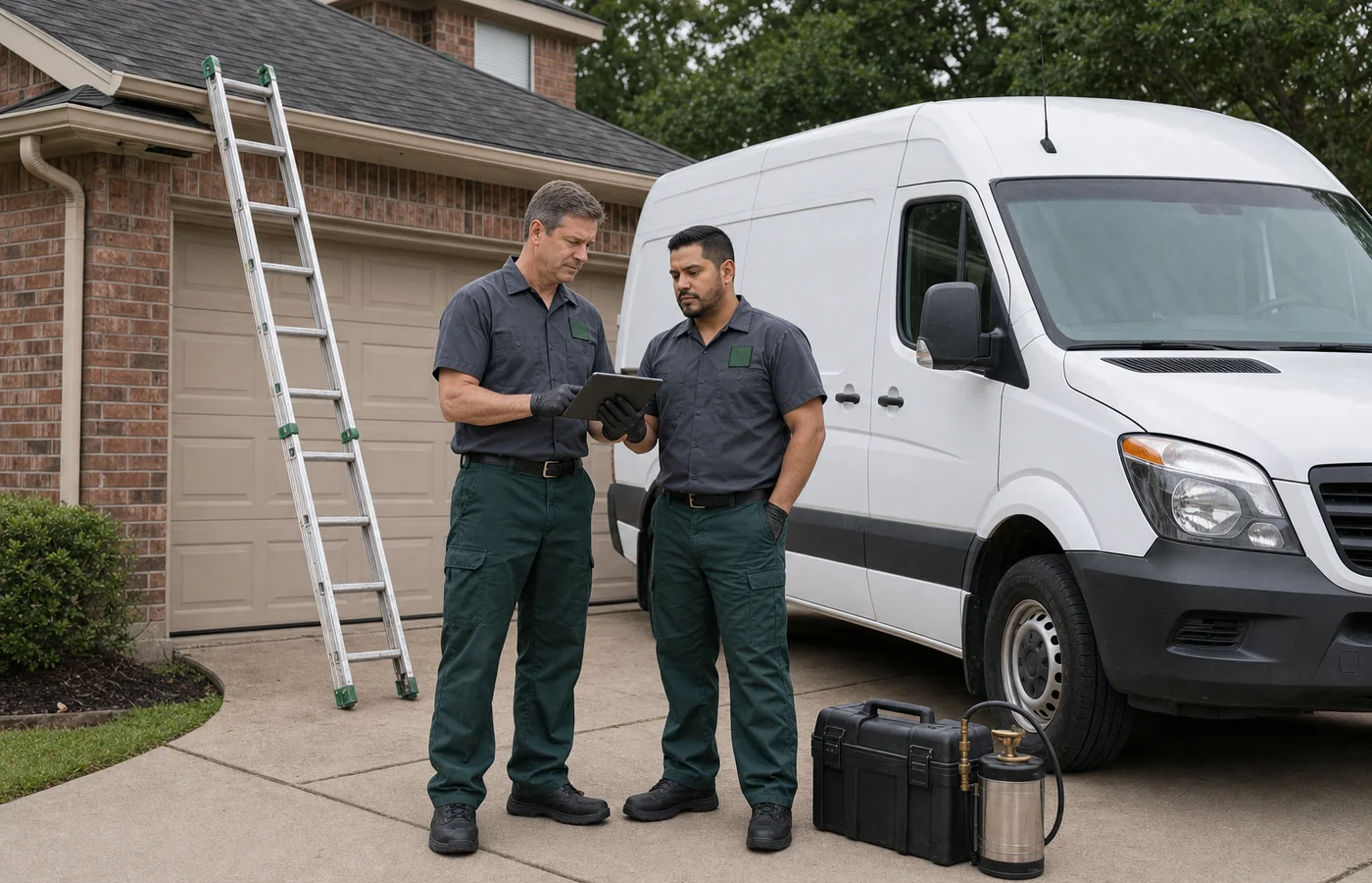 Two Trace technicians reviewing inspection photographs beside a service van