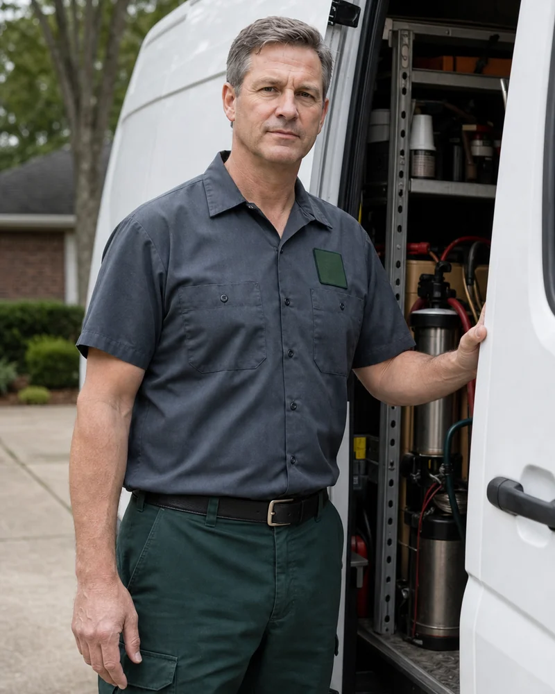 Pest-control field supervisor standing beside a residential property
