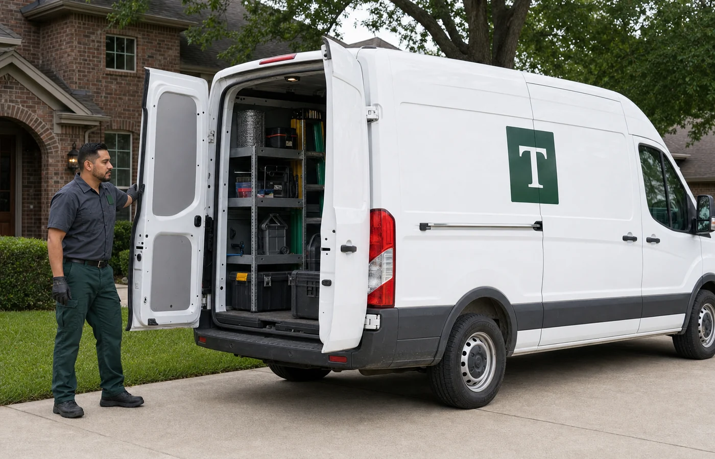 Trace technician opening an organized pest-control service van